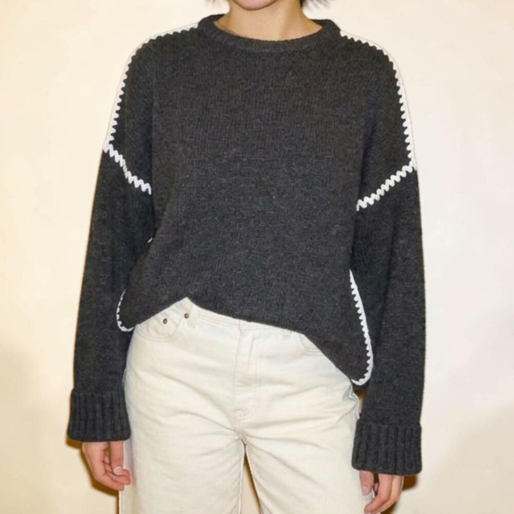 TOTEME Gray Embroidered Wool Cashmere Knit Sweater